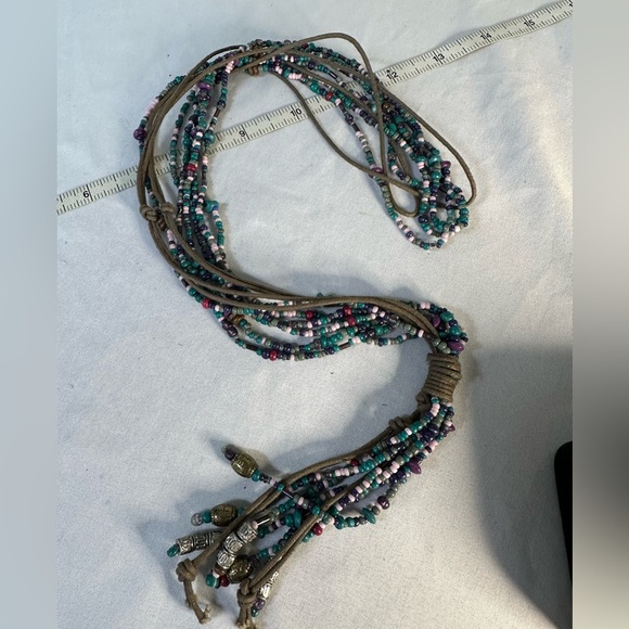 Long multi strand bead and leather cords necklace - Picture 4 of 4